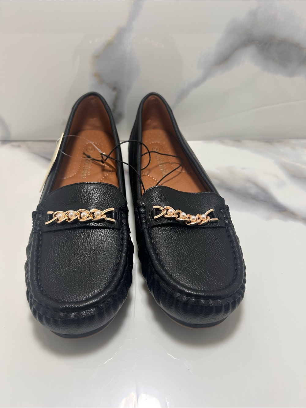 Black Leather Chain-Trim Driving Loafers for Women